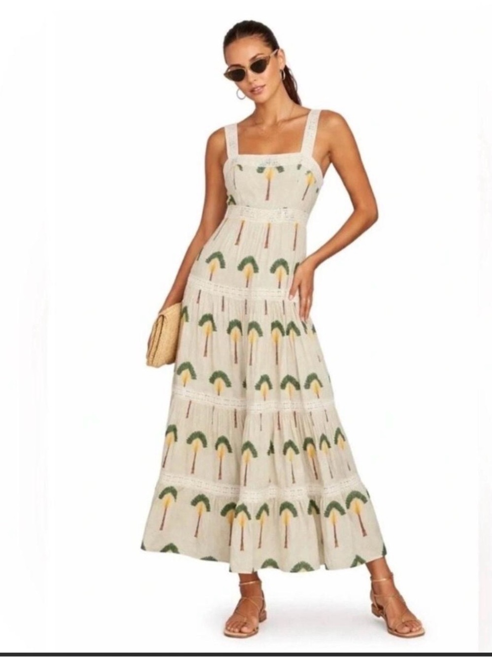 Calypso St. Barth Cream Maxi Dress with Green and Yellow Palm Print